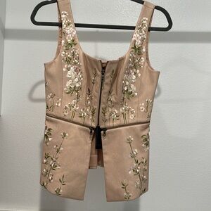 BCBGMaxAzria Embroidered Faux Leather Peplum Top